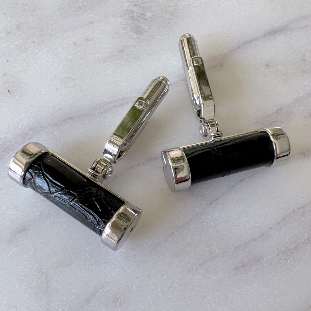 Sterling Silver and Black embossed leather cufflinks